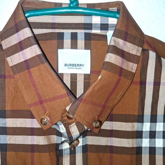 Mens Burberry Brown Coulsdon Check Poplin Button-Down sz Medium - Picture 7 of 8